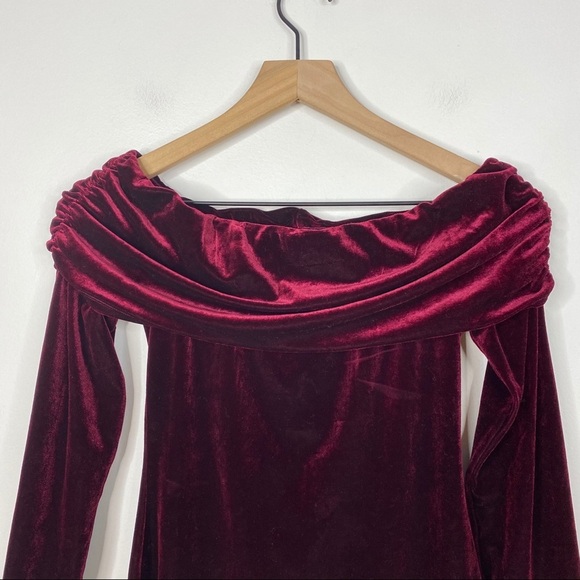 Bardot Merlot Red Velvet Off Shoulder Mini Dress - Picture 2 of 8